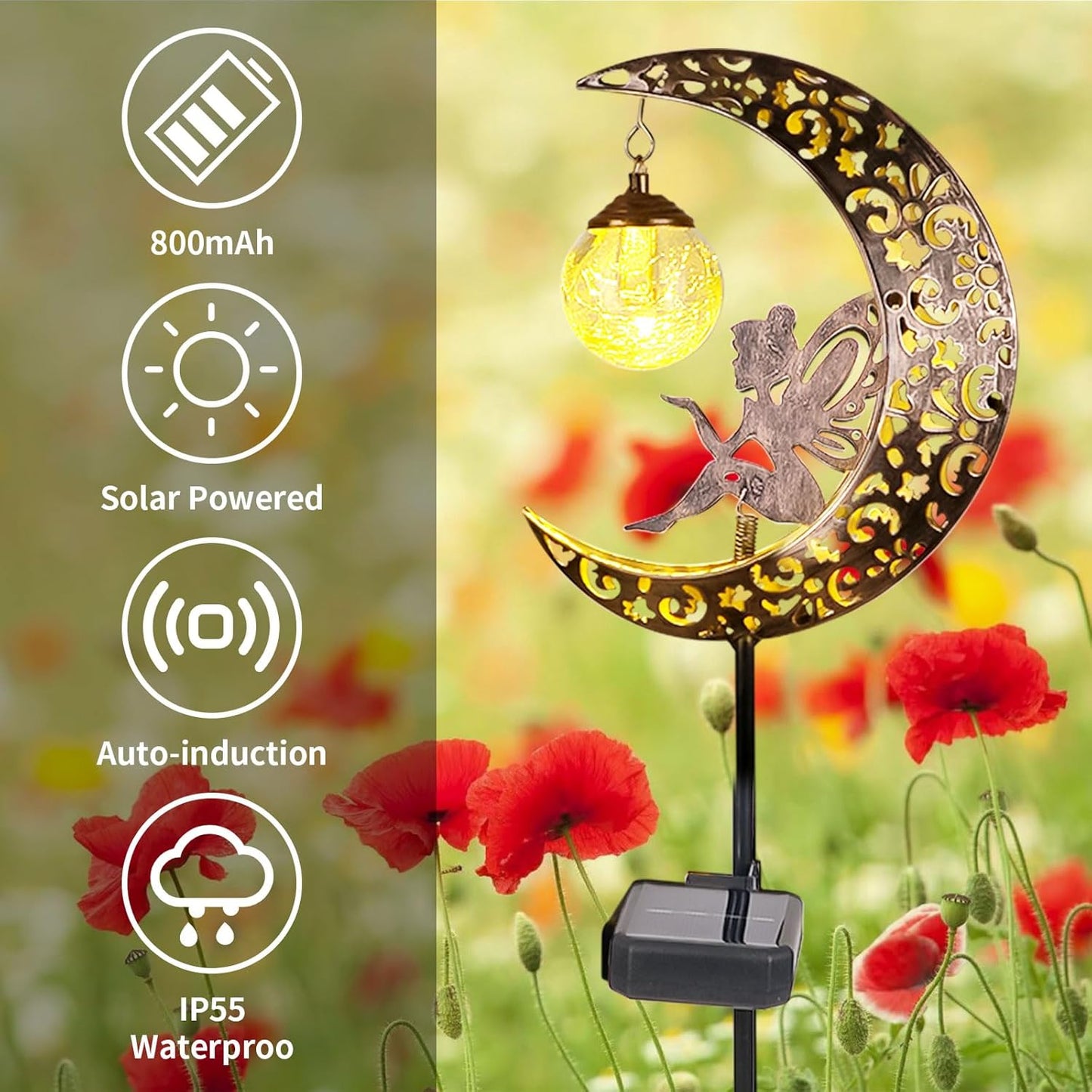 Solar Lights Outdoor Garden Ornaments – Moon Fairy Solar Crackle Glass Lights. Waterproof LED Metal Stake Light for Patio. Lawn & Pathway Decorations