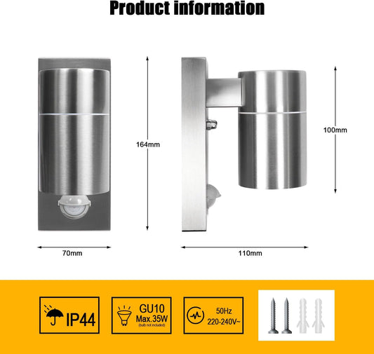 Outdoor Wall Light with PIR Motion Sensor. GU10 Base. IP44
