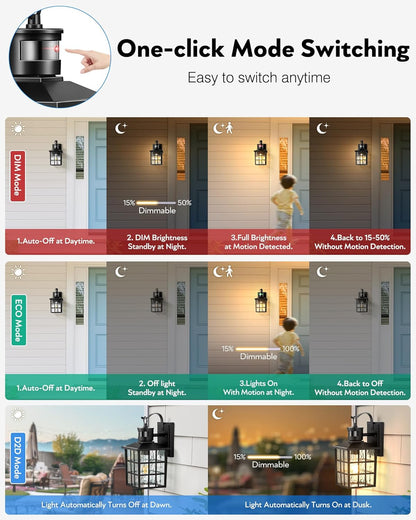 Outdoor Wall Lantern with Motion Sensor. Dusk-to-Dawn Black
