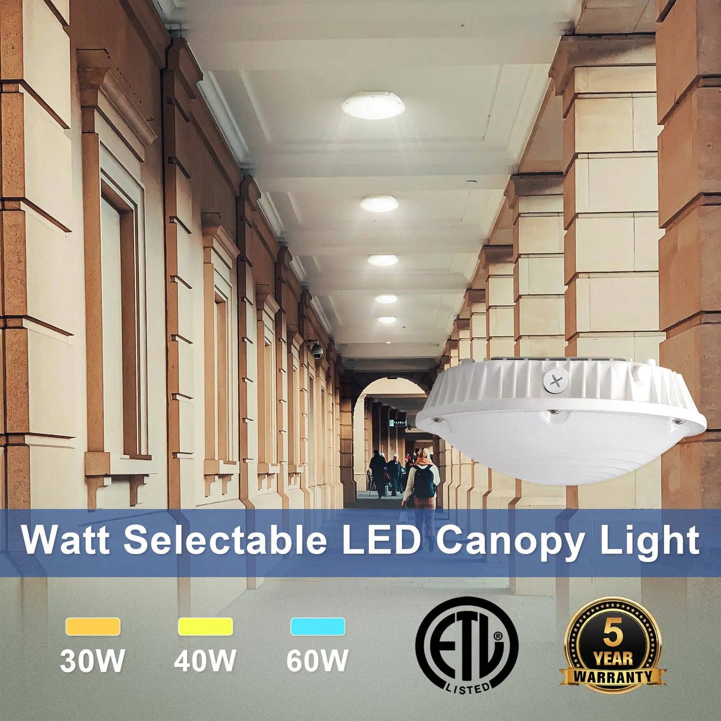 LED Round Canopy Light - 30W/40W/60W Selectable - 5000K - Surface Mount Low Bay Light - Parking Garage Lighting