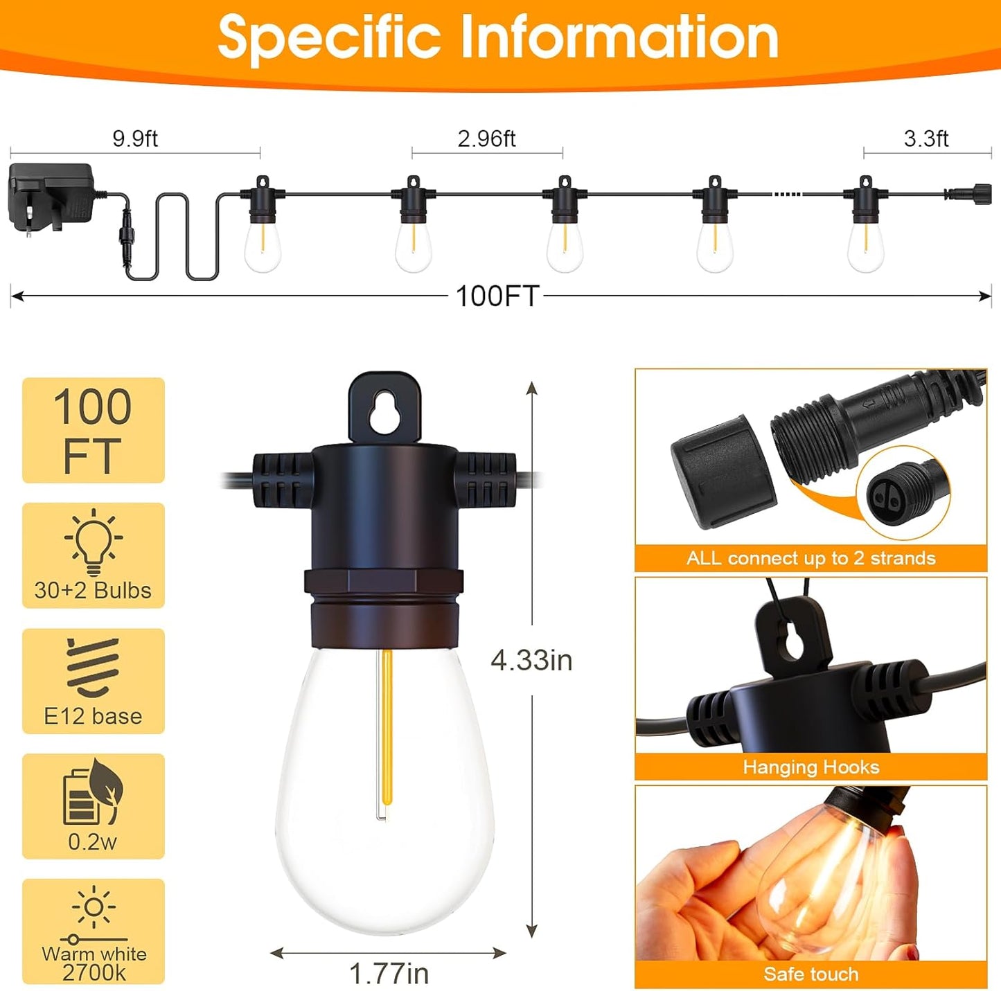 150ft Outdoor Festoon Lights with Remote & Dimmable LEDs