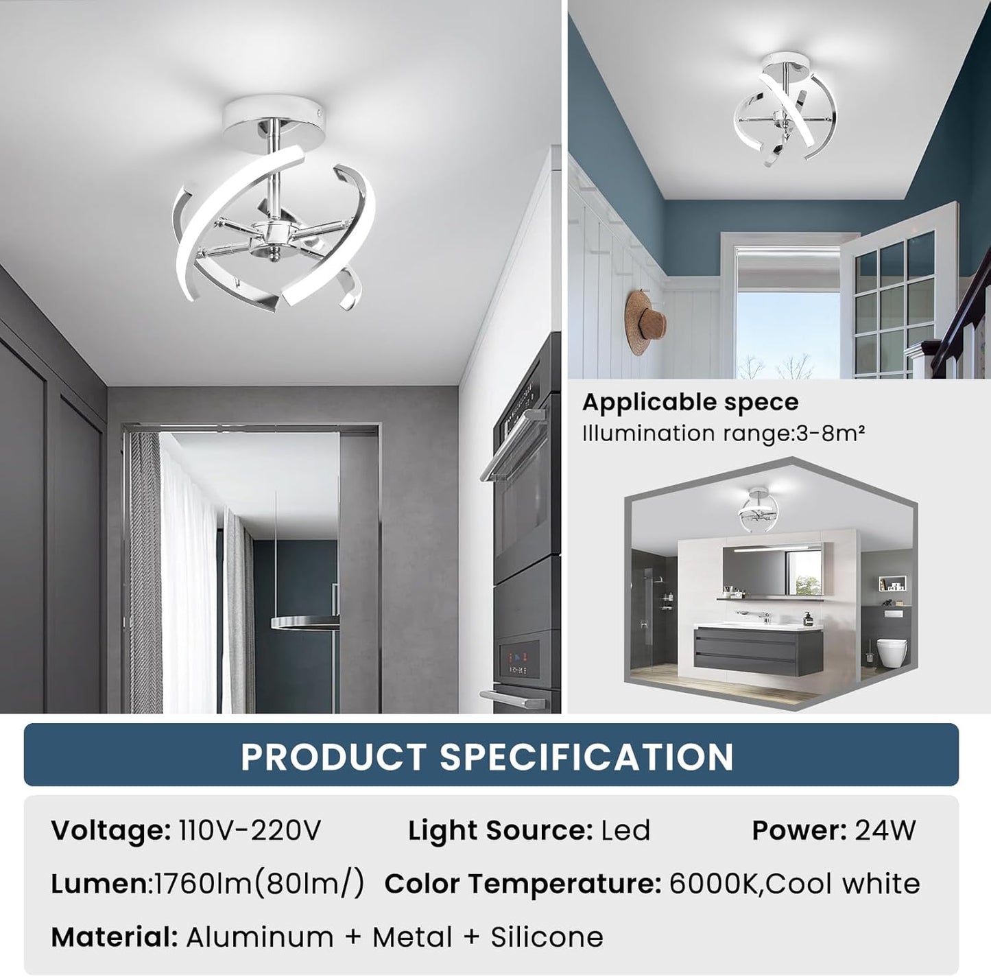 Curved LED Ceiling Light – 22W Cool White. Silver
