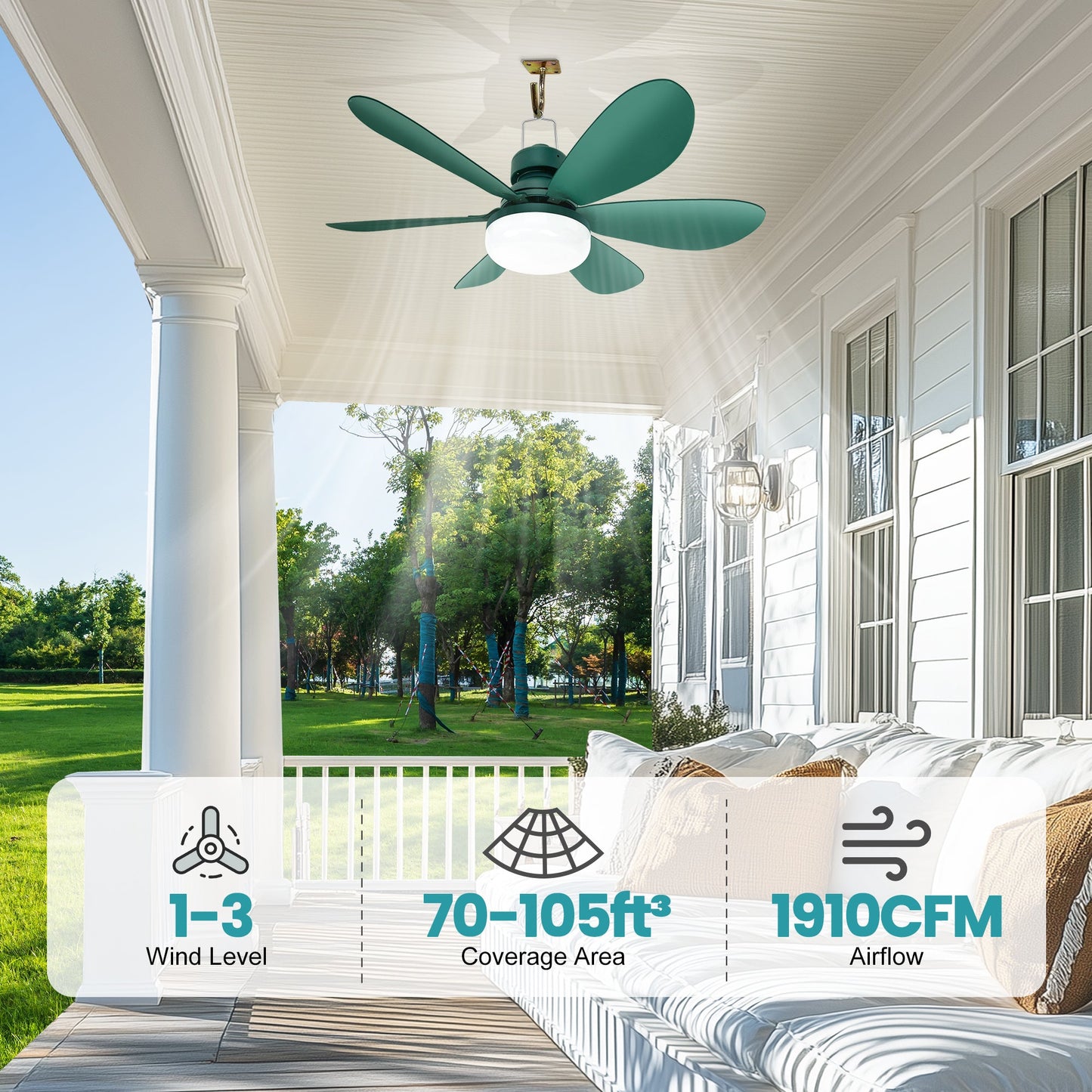 Solar Ceiling Fan Light with Battery. 20 Outdoor Ceiling Fans with Adjustable Thermostat & 2pcs 15W Bifacial Solar Panels. Solar Powered Fan for Gazebo. Chicken Coop. RV