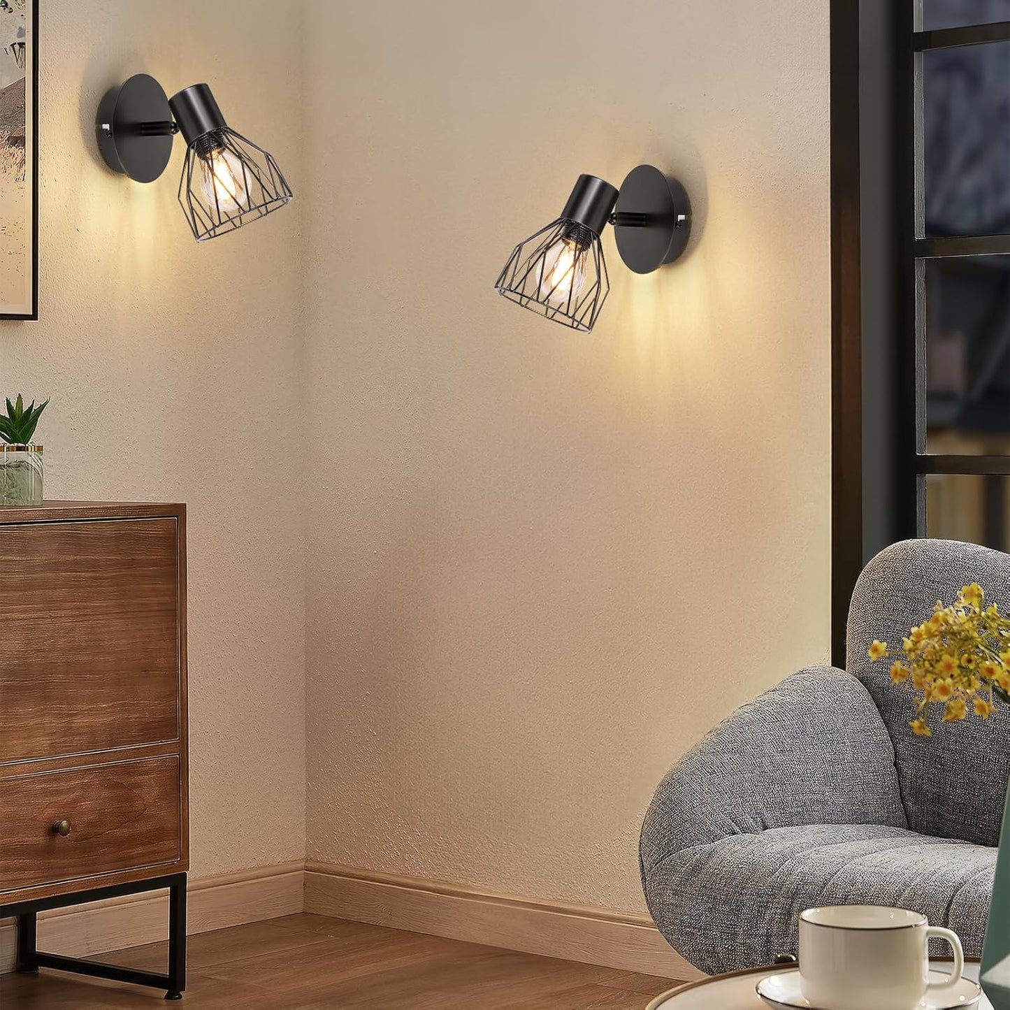 Adjustable Industrial Black Metal Cage Wall Lights. 2 Pack