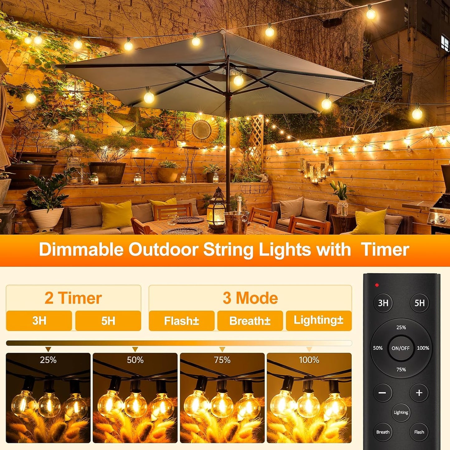 65.5ft Outdoor Festoon Lights with Remote & Timer