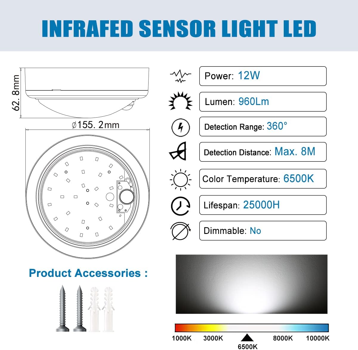 12W LED Ceiling Light with Infrared Motion Sensor. 960LM. IP65 Waterproof. Round Surface Mount. 6500K Daylight