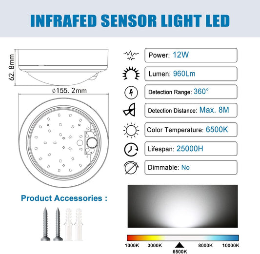 12W LED Ceiling Light with Infrared Motion Sensor. 960LM. IP65 Waterproof. Round Surface Mount. 6500K Daylight