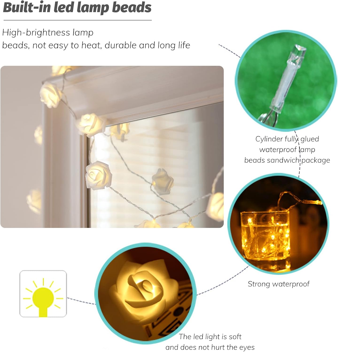 LED Rose Flower String Lights. 20 Warm White Battery Fairy Lights