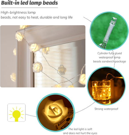 LED Rose Flower String Lights. 20 Warm White Battery Fairy Lights