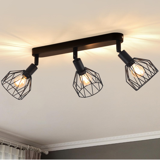 Kitchen Lights Ceiling.4 Way Black Lounge Industrial Wall Lights-Adjustable SpotLights Ceiling Lights Wire Cage with E14 Base. Light Fittings Ceilings