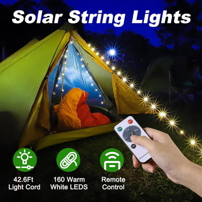 Solar Camping String Lights. 42Ft. 160 LED. USB Rechargeable