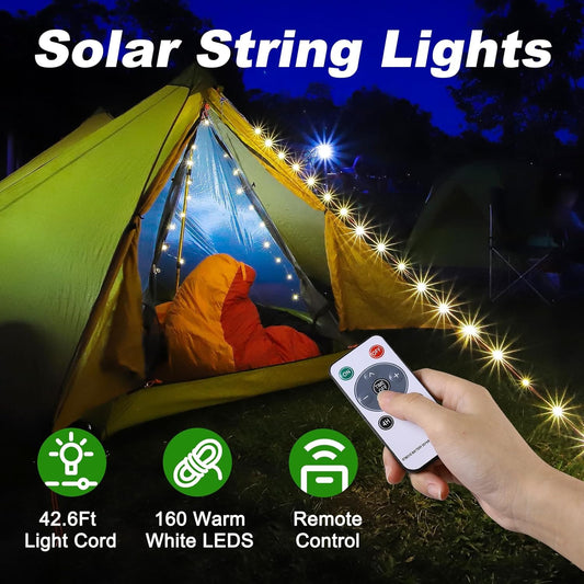 Solar Camping String Lights. 42Ft. 160 LED. USB Rechargeable