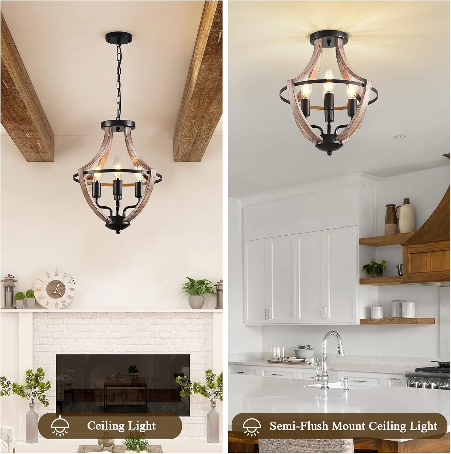 4-Light Farmhouse Chandelier – Retro Flush Mount Ceiling Light Fixture with Wood Grain Finish & Black Metal for Hallway. Dining Room & Bedroom