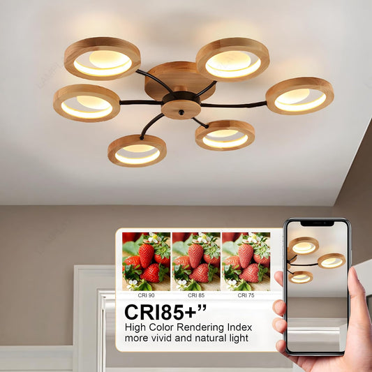 94cm LED Wooden Ceiling Light – Dimmable with Remote. Flower Design