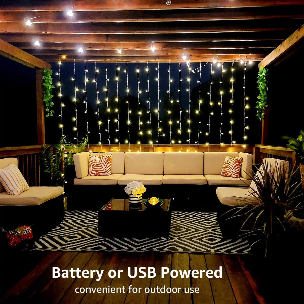 300 LED Curtain Lights – Warm White. 8 Modes