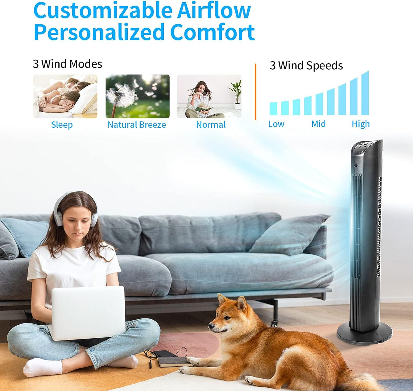36 Large Outlet Oscillating Tower Fan with Remote Control