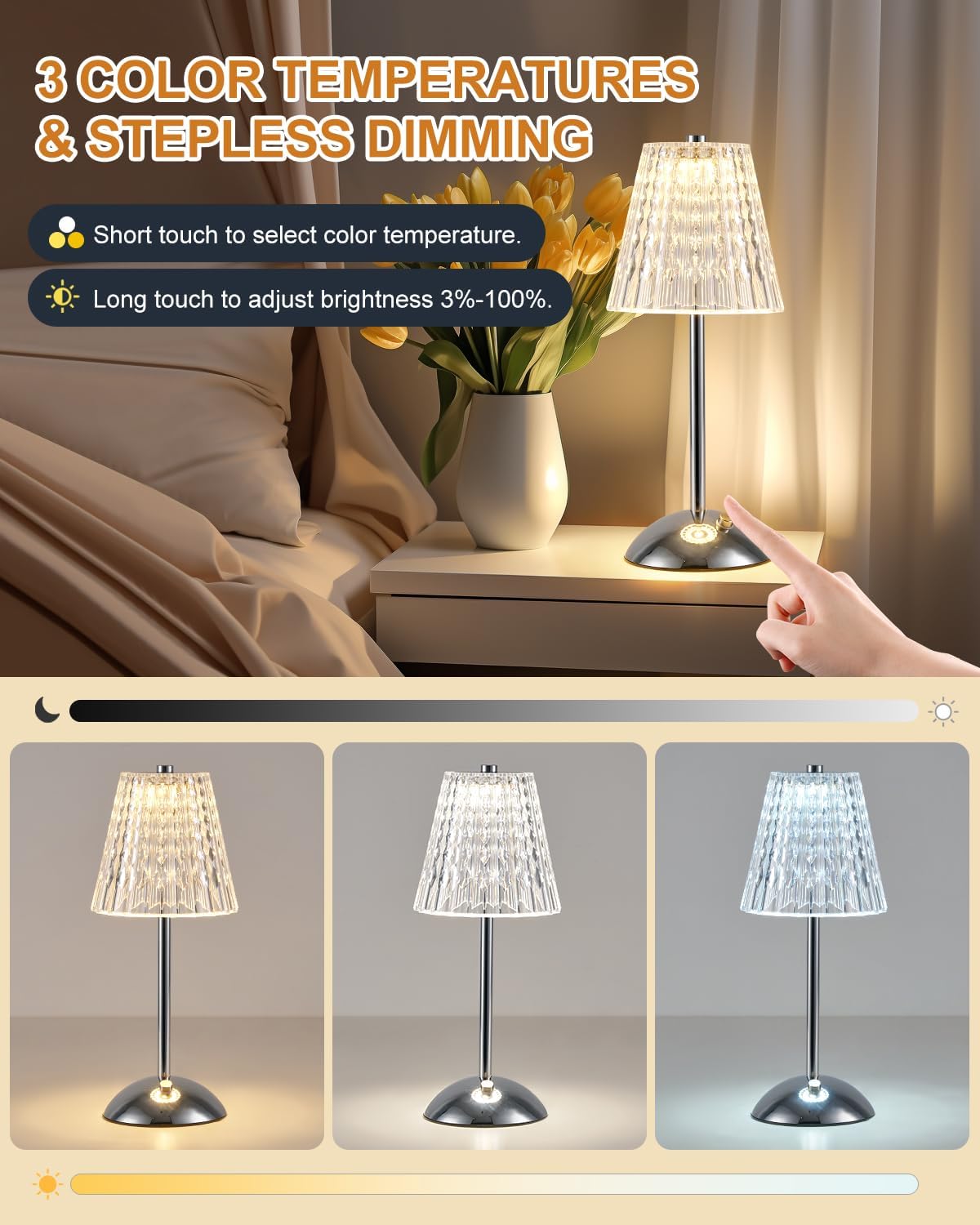Rechargeable Gold Table Lamp. Touch Dimmable LED Desk Light