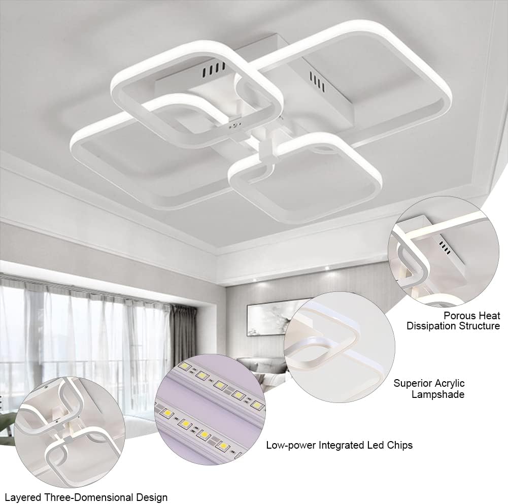 LED Ceiling Light with Remote – 4 Square Black Modern Chandelier