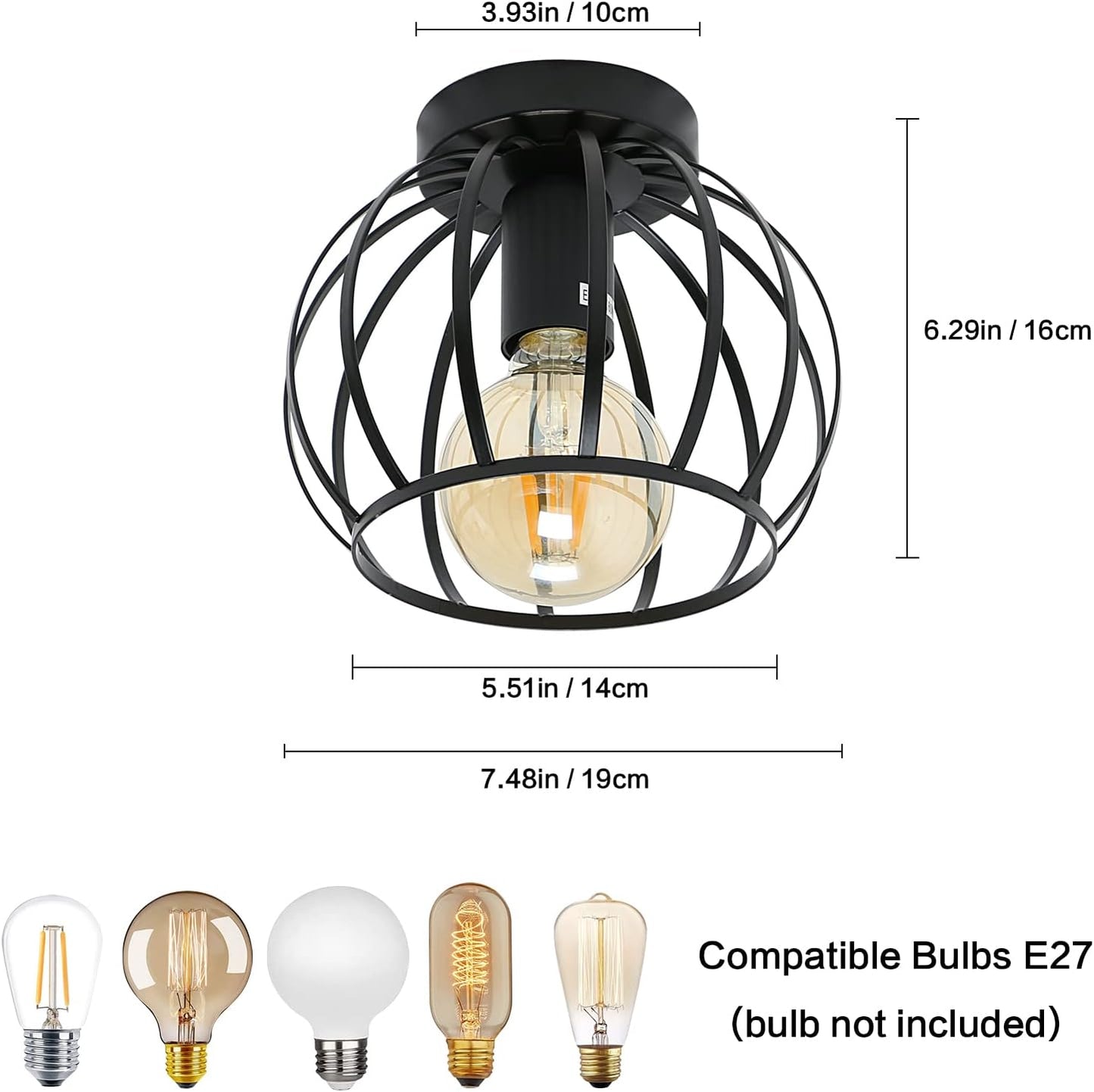 Vintage Semi Flush Ceiling Light – Black Metal Cage Fixture with E27 Holder for Living Room. Kitchen. Bedroom. or Hallway