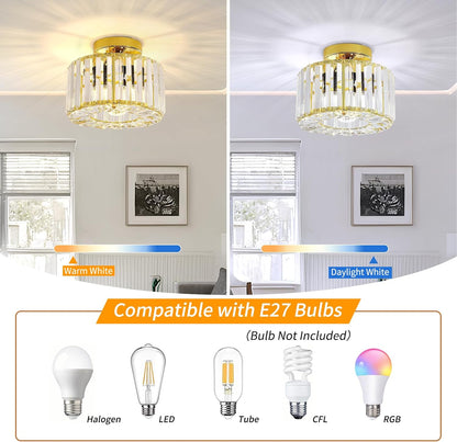Gold Crystal Semi Flush Mount Ceiling Light. Modern Industrial Fixture