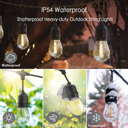 48FT Outdoor LED String Lights. S14 Festoon Lights with 15 E27 Sockets. IP65 Waterproof. 2700K Warm White for Garden. Patio. Party
