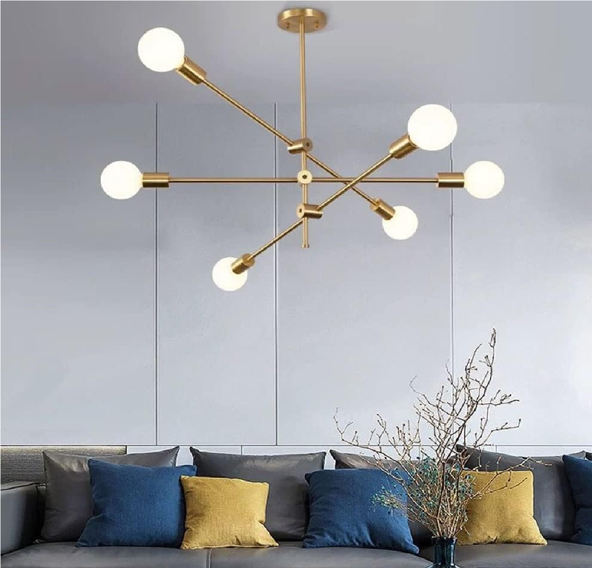 Semi-Recessed Sputnik Chandelier with 6 Lights – Antique Brushed Gold Modern Ceiling Fixture for Living Rooms. Bedrooms. and Dining Spaces