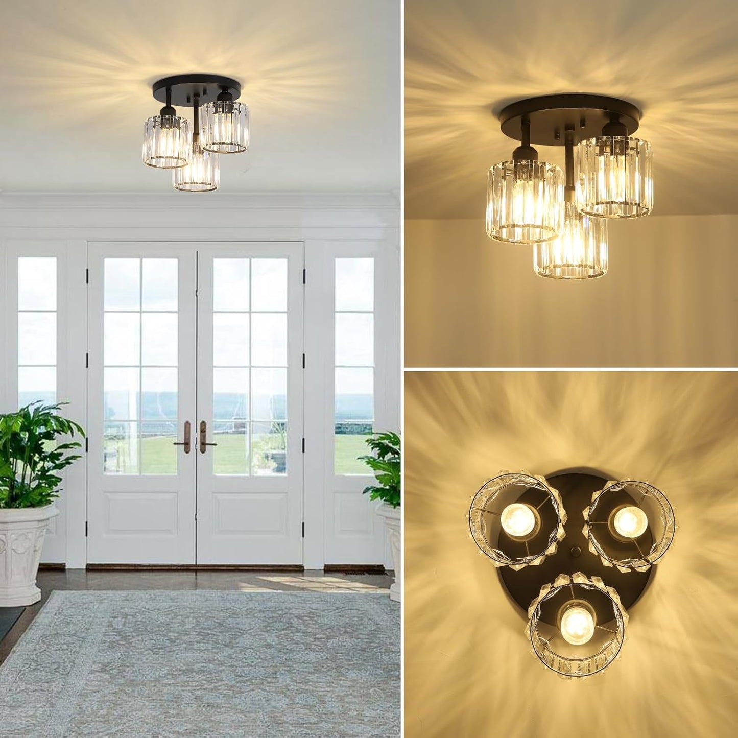 Modern Crystal Chandeliers Ceiling Light. 3-Lights Crystal Ceiling Lights Living Room. Black Semi Flush Ceilings Light Fittings for Hallway