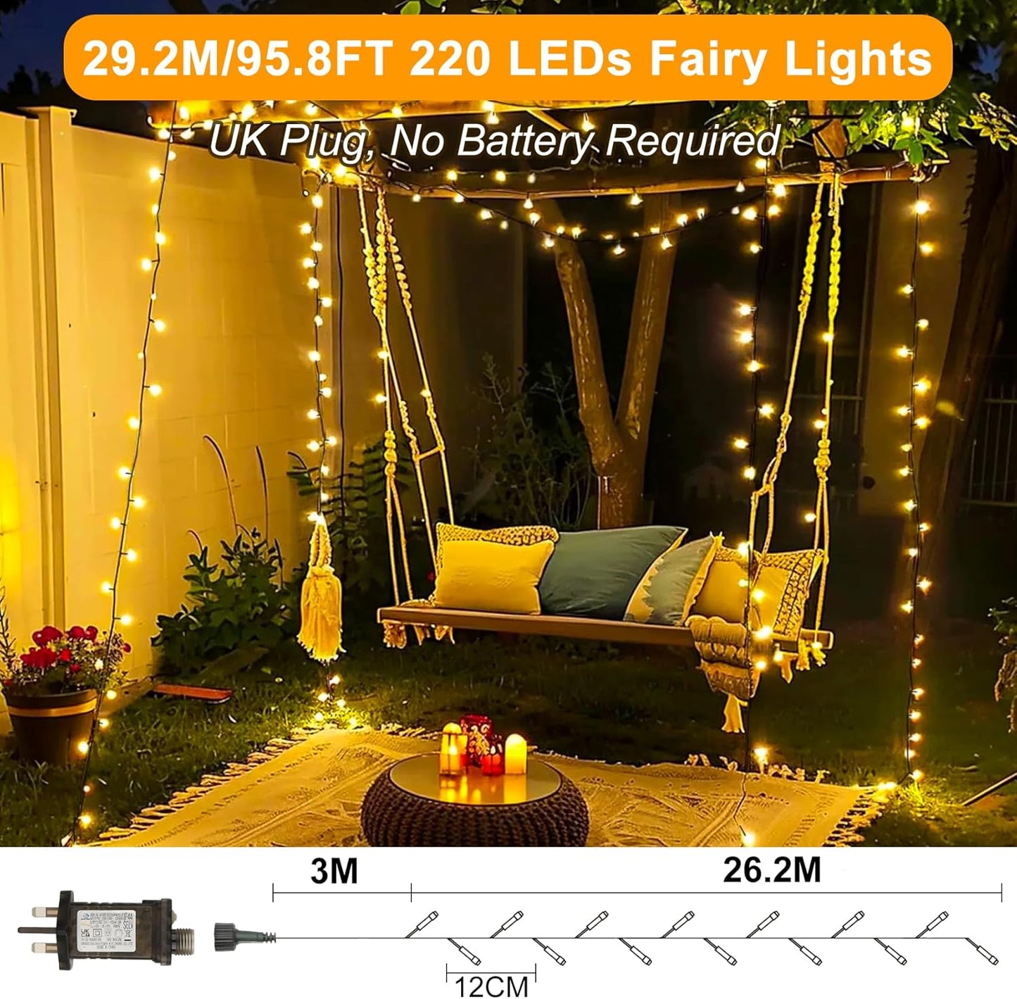 29.2M 220 LED Plug-in Fairy String Lights – Warm White. Remote. 8 Modes