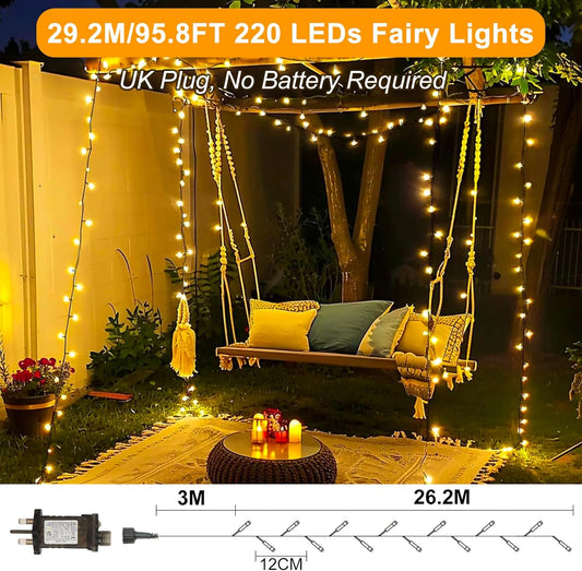 29.2M 220 LED Plug-in Fairy String Lights – Warm White. Remote. 8 Modes