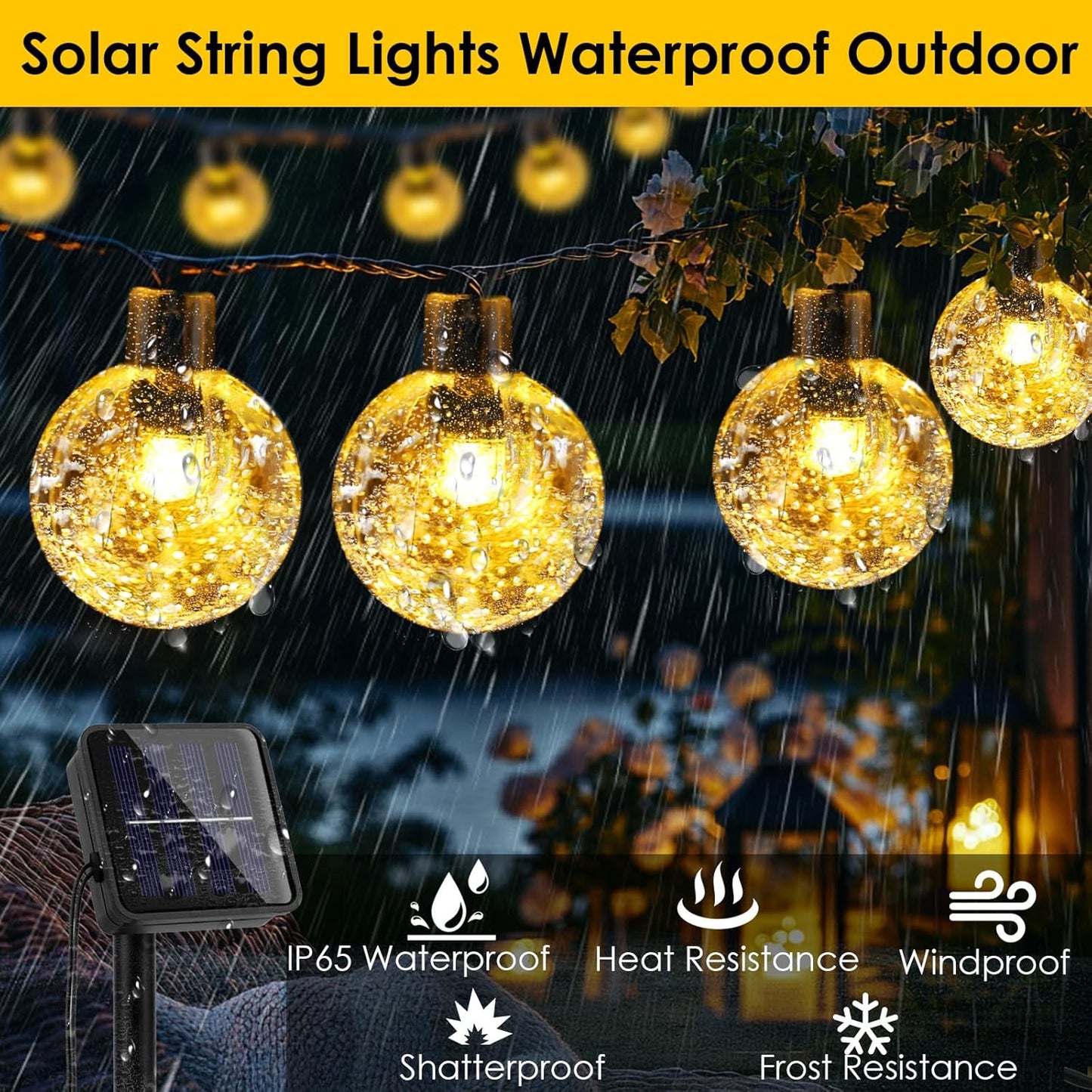Solar Garden String Lights – 60 LED Crystal Ball. 12M. 8 Modes. IP65 Waterproof. Warm White