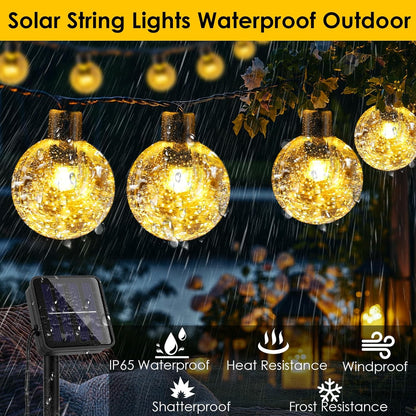 Solar Garden String Lights – 60 LED Crystal Ball. 12M. 8 Modes. IP65 Waterproof. Warm White