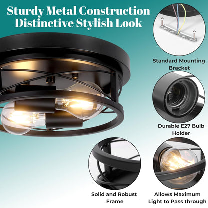 Industrial Round Black Ceiling Light with Dual E27 Fittings