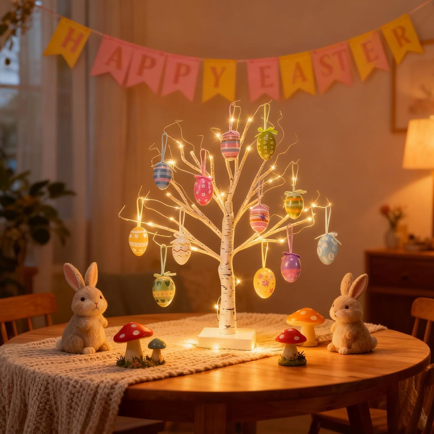 Easter Tree with Lights White Birch Twig Egg Decor Lamp Home