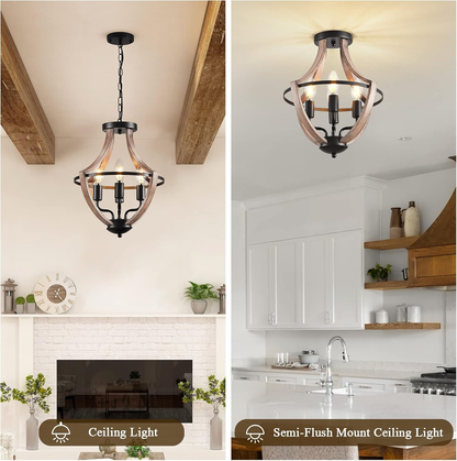 4-Light Farmhouse Chandelier – Retro Flush Mount Ceiling Light Fixture with Wood Grain Finish & Black Metal for Hallway. Dining Room & Bedroom