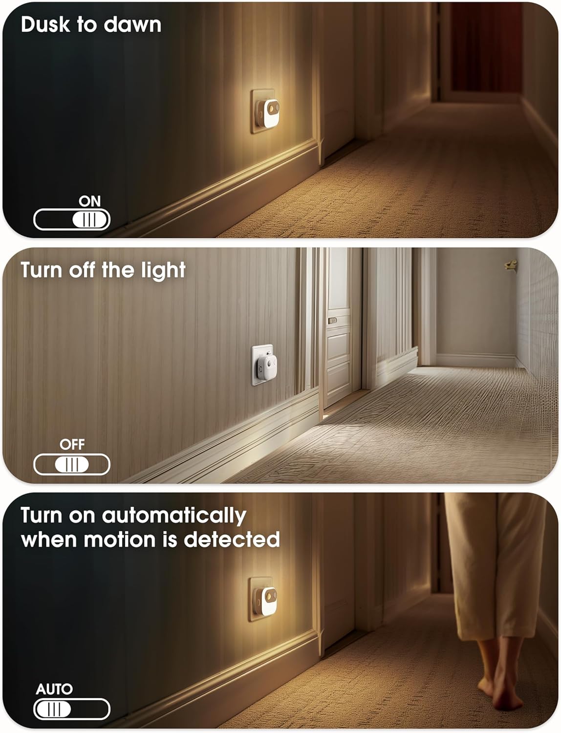 Plug-in Motion Sensor Night Light. 3000K Warm White
