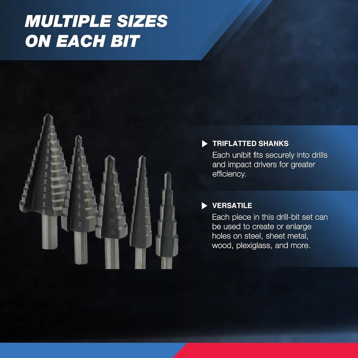 10198A 5-Piece Step Drill Bit Set - Metric Titanium High Speed Steel. 4mm to 35mm. Two Flute Design. 135° Point for Precision Drilling