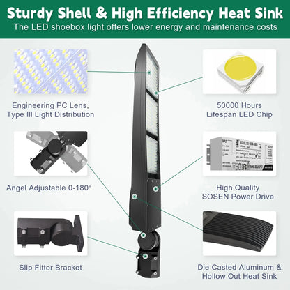 LED Parking Lot Light-450/400/380W Selectable -Shoebox Area Light-10KV Surge Protector-CCT 5000K-AC 100~277V-DLC & UL Listed