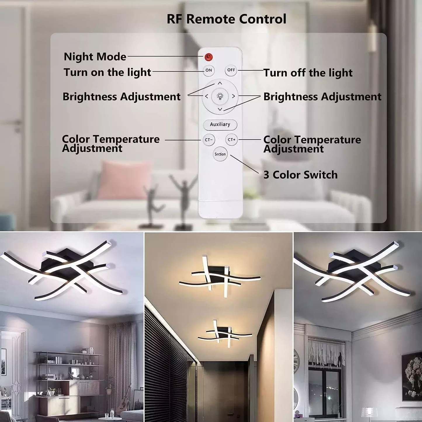 48W LED Ceiling Light – 4 Wave Dimmable Modern Light Fixture for Kitchen. Living Room. Bedroom. and More