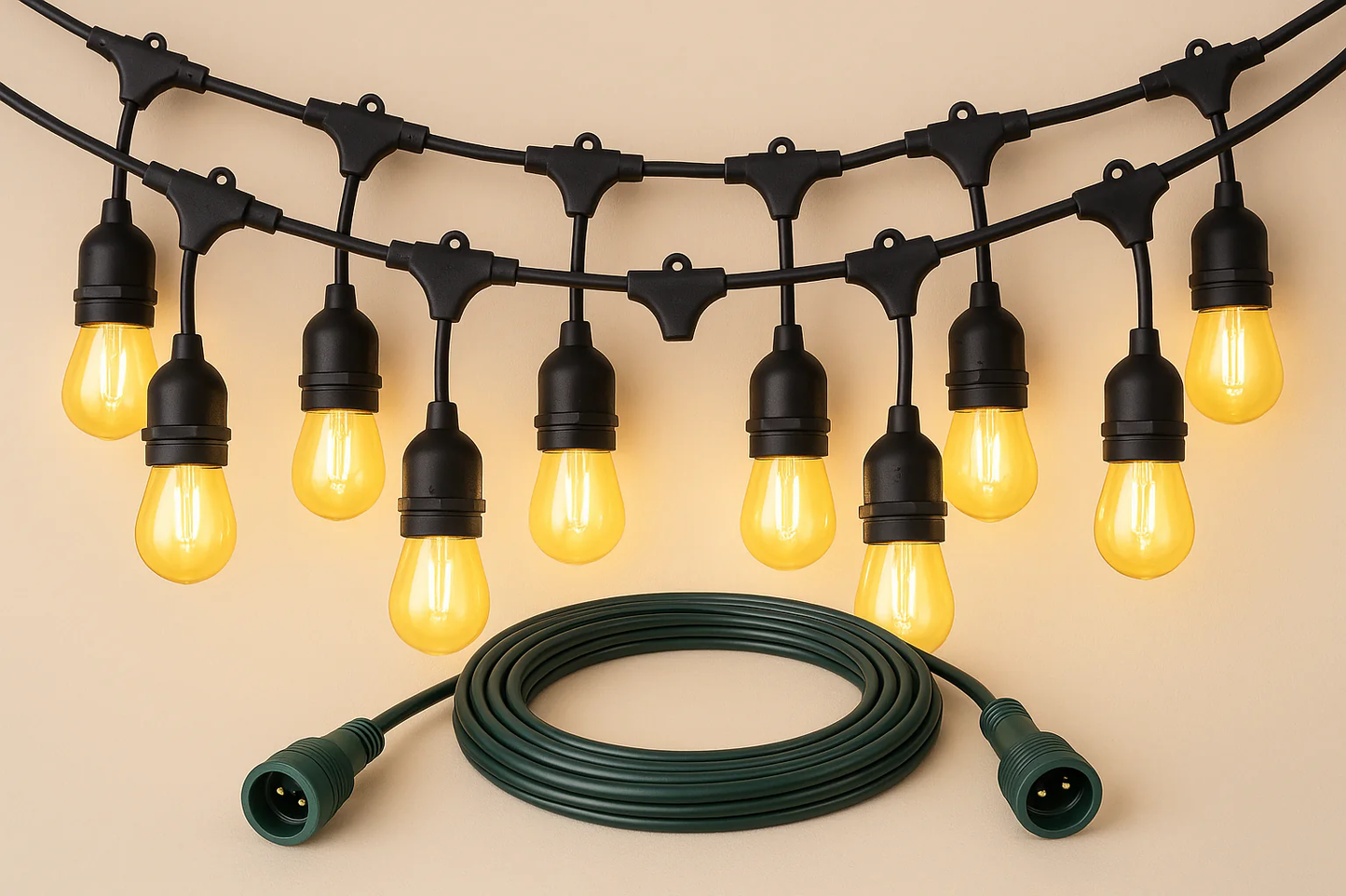 48FT Outdoor LED String Lights. S14 Festoon Lights with 15 E27 Sockets. IP65 Waterproof. 2700K Warm White for Garden. Patio. Party