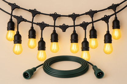 48FT Outdoor LED String Lights. S14 Festoon Lights with 15 E27 Sockets. IP65 Waterproof. 2700K Warm White for Garden. Patio. Party