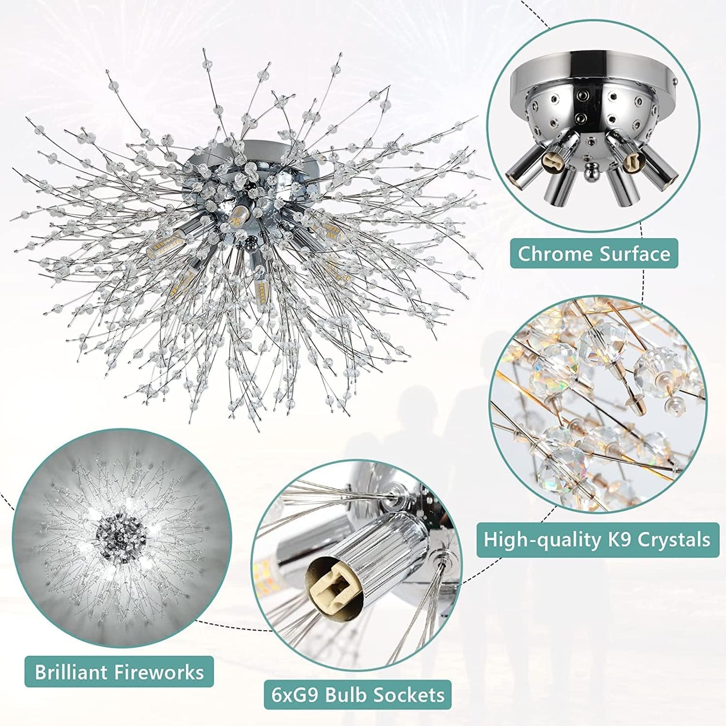 Modern Crystal Firework Ceiling Light – 6 G9 LED Chandelier