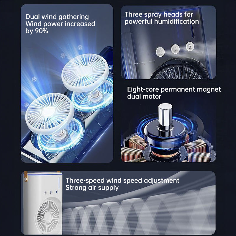 Rechargeable Portable Mini Fan with Spray Cooling – Desktop/ Room Use. Ventilation & LED Light