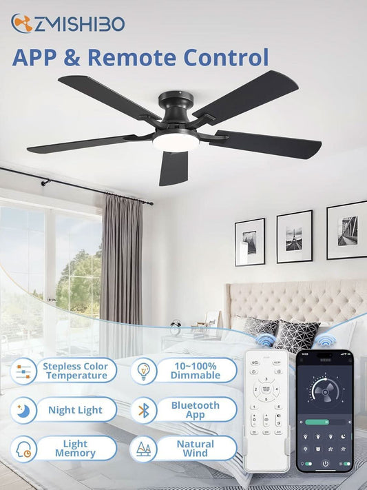 52 Inch Matte Black Ceiling Fan With Dimmable LED Light