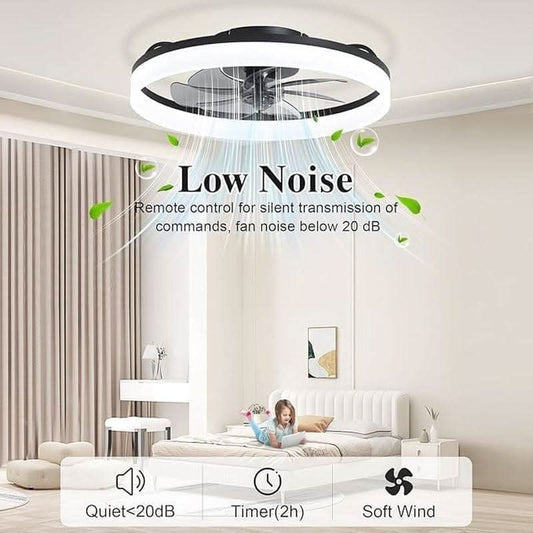 20 Inch Ceiling Fan With Remote DC Motor Black Finish Low Profile Energy Efficient With Dimmable LED Light