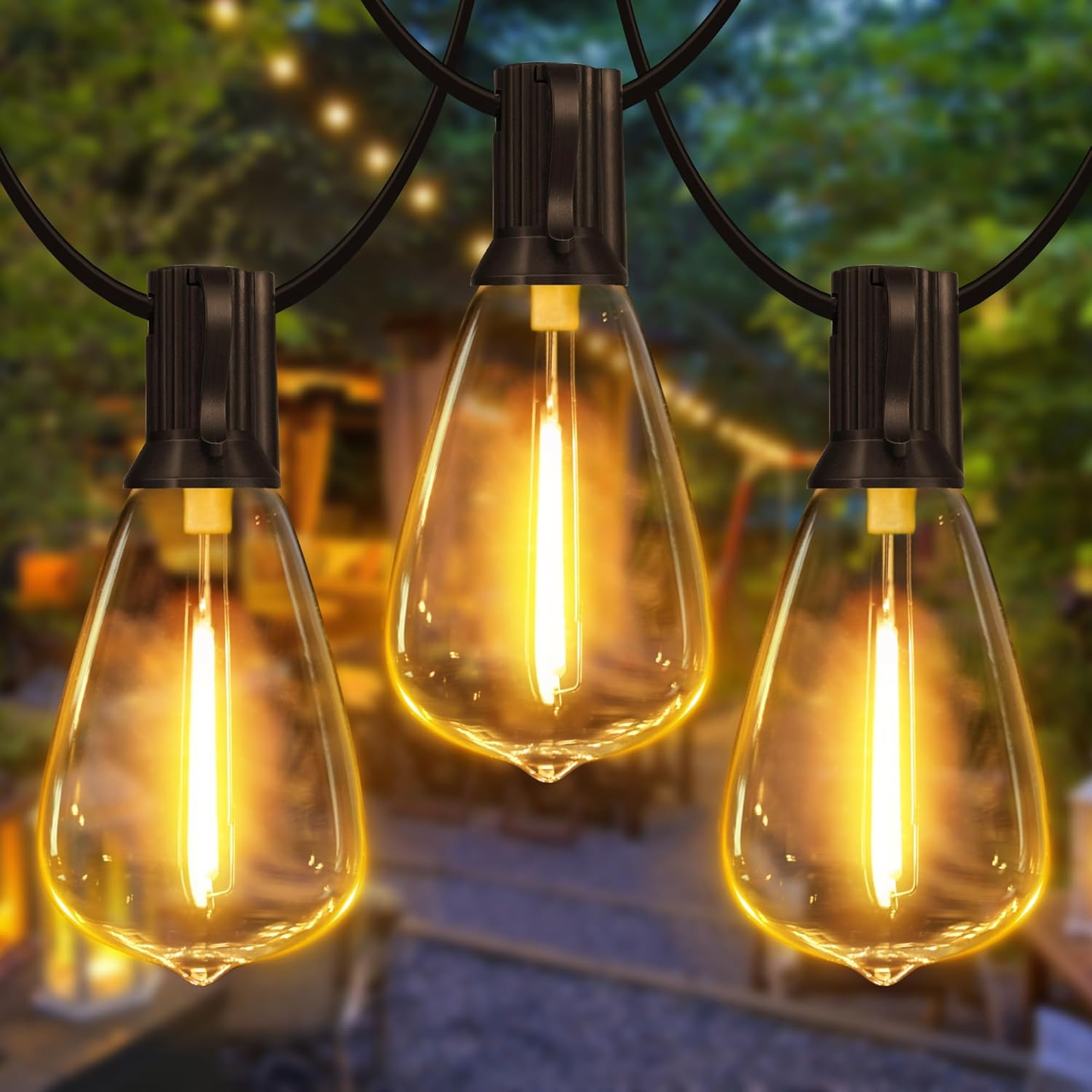 24FT Outdoor Festoon String Lights. 25 ST64 Vintage-Style LED Bulbs. Waterproof. 3000K Warm White. Mains Powered for Garden. Patio. Party