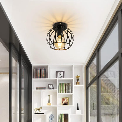 Vintage Semi Flush Ceiling Light – Black Metal Cage Fixture with E27 Holder for Living Room. Kitchen. Bedroom. or Hallway