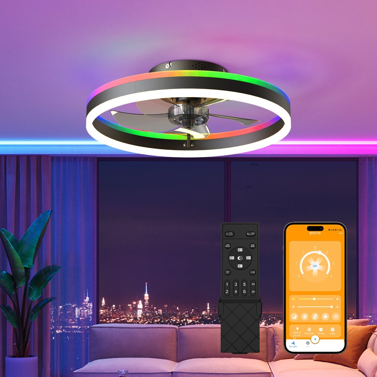 19.7 RGB Flush Mount Ceiling Fan with Light for Bedroom