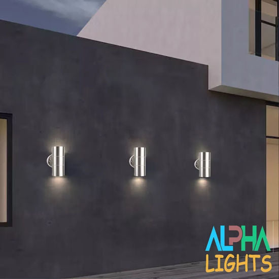 Modern Outdoor Up Down Wall Light – Stainless Steel. IP65 Waterproof. Mains Powered Exterior Sconce for Porch. Patio. or Garage
