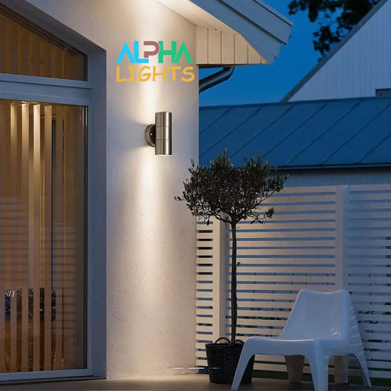 Modern Outdoor Up Down Wall Light – Stainless Steel. IP65 Waterproof. Mains Powered Exterior Sconce for Porch. Patio. or Garage
