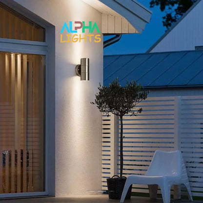 Modern Outdoor Up Down Wall Light – Stainless Steel. IP65 Waterproof. Mains Powered Exterior Sconce for Porch. Patio. or Garage